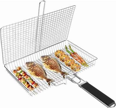 Large Stainless Steel Grill Basket, Folding BBQ Rack with Detachable Handle, 12.6 x 9.45 x 2 In