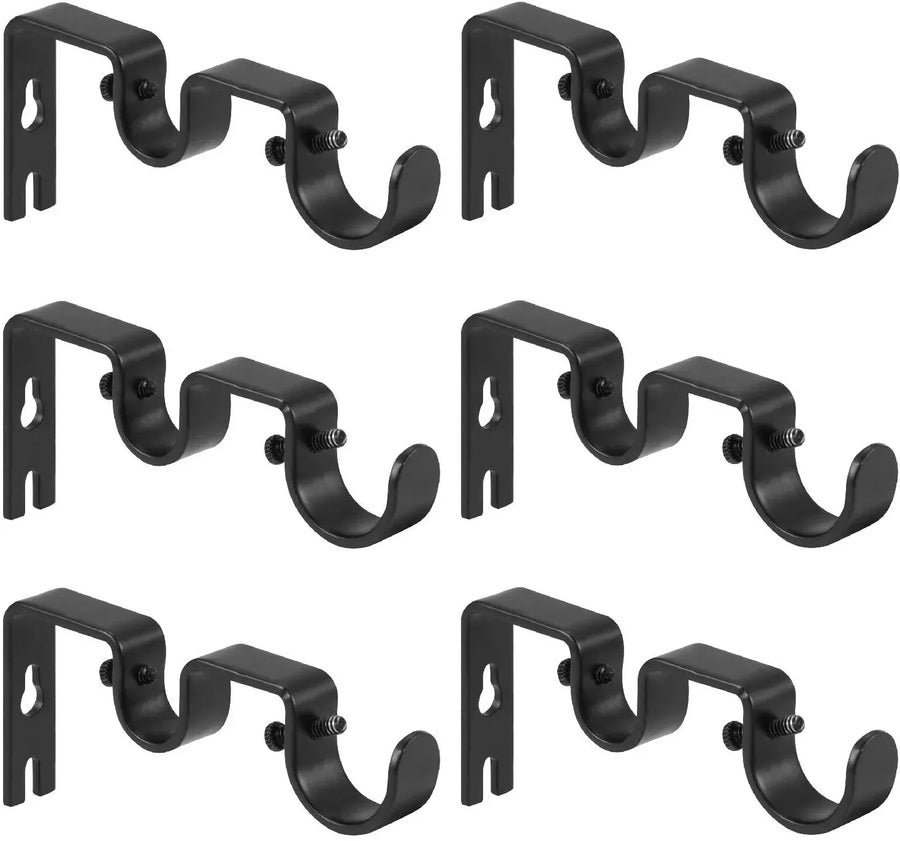 6 Pack Double Curtain Rod Brackets, Heavy Duty Metal Holders for 1 In and 5/8 In Rods, Black