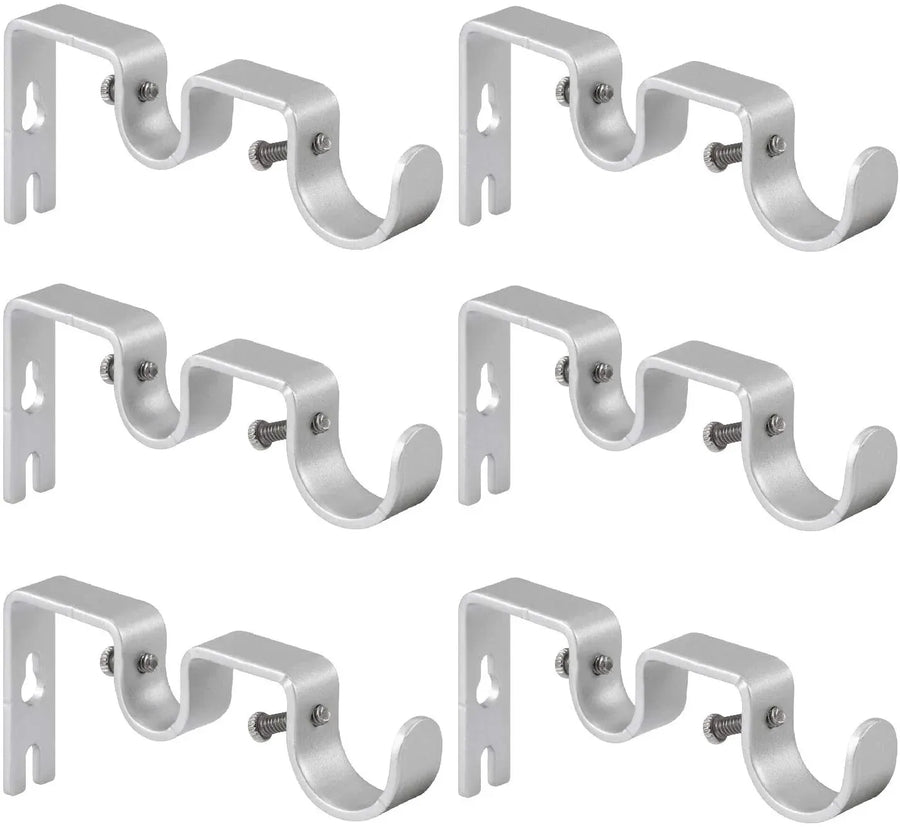 6 Pack Double Curtain Rod Brackets, Heavy Duty Metal Holders for 1 In and 5/8 In Rods, Silver