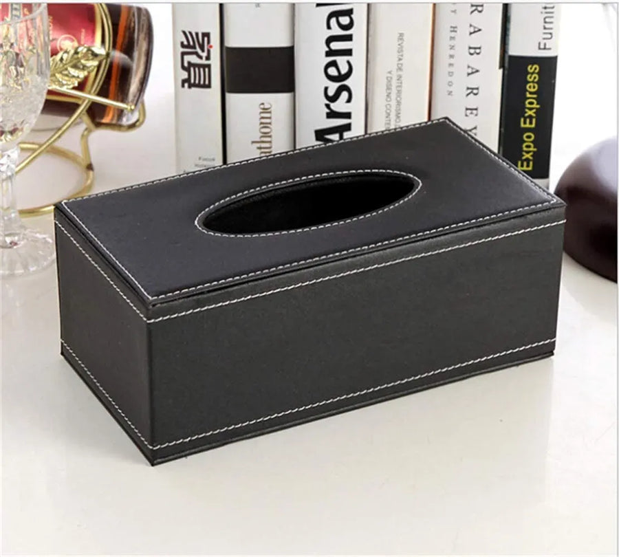 Leather Tissue Box Holder, Rectangular Cover with Lid for Home Office Car Tabletop, Black