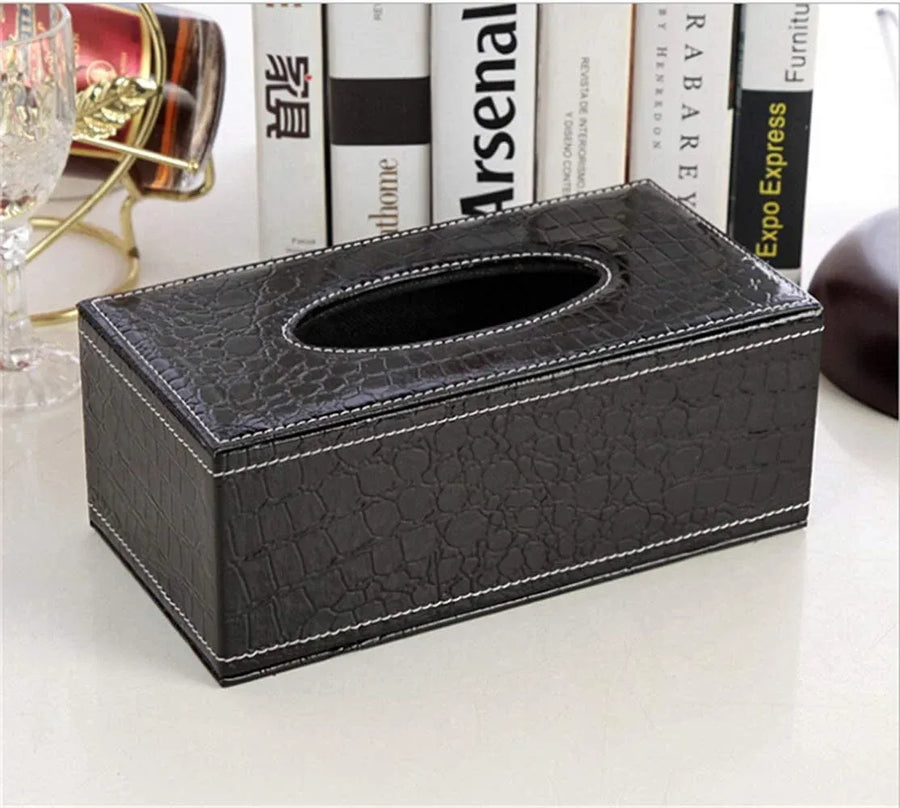 Leather Tissue Box Holder, Rectangular Cover with Lid for Home Office Car Tabletop, Black 1