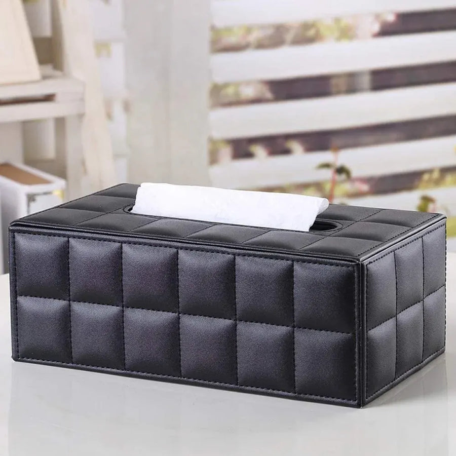 Leather Tissue Box Holder, Rectangular Cover with Lid for Home Office Car Tabletop, Black 2