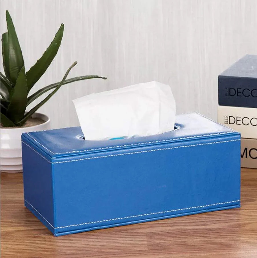 Leather Tissue Box Holder, Rectangular Cover with Lid for Home Office Car Tabletop, Blue