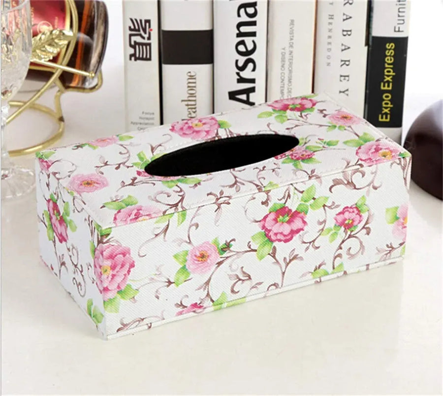 Leather Tissue Box Holder, Rectangular Cover with Lid for Home Office Car Tabletop, Flower