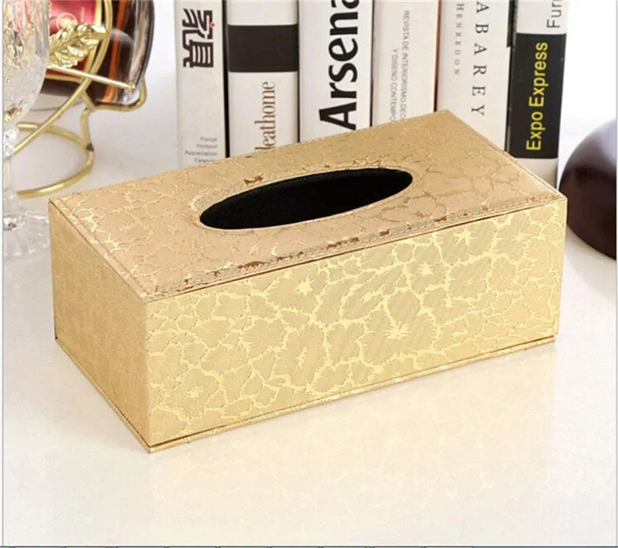 Leather Tissue Box Holder, Rectangular Cover with Lid for Home Office Car Tabletop, Gold