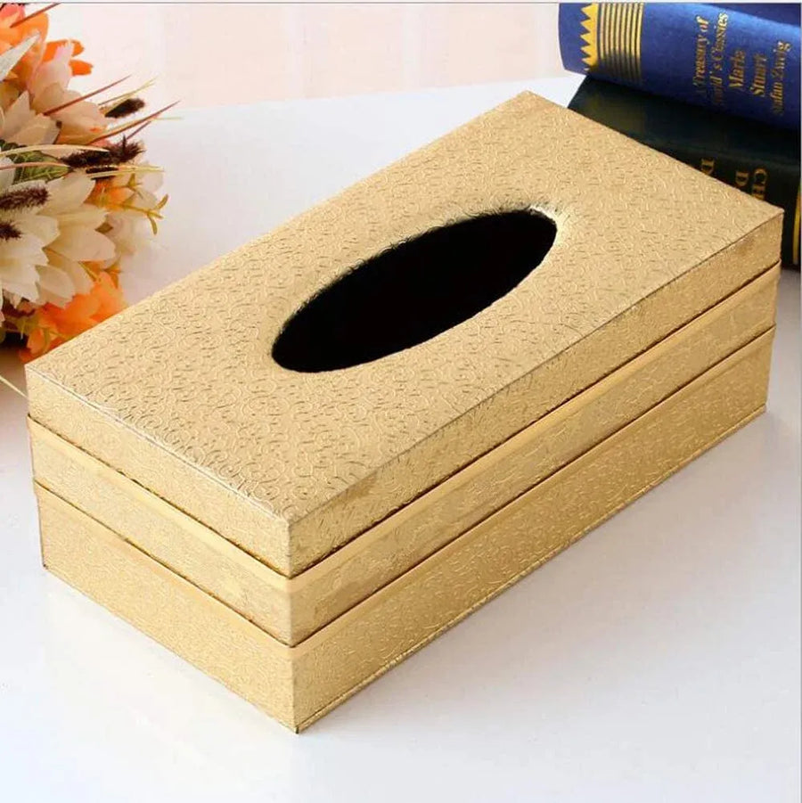 Leather Tissue Box Holder, Rectangular Cover with Lid for Home Office Car Tabletop, Gold Clouds Rim