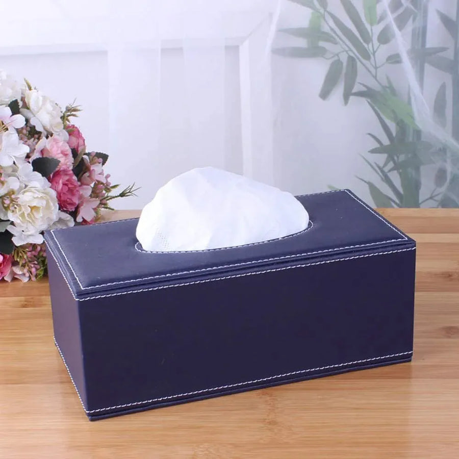 Leather Tissue Box Holder, Rectangular Cover with Lid for Home Office Car Tabletop, Navy Blue