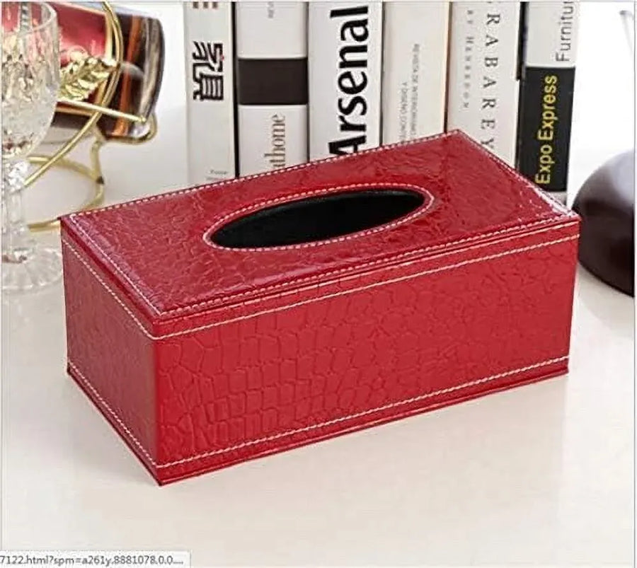 Leather Tissue Box Holder, Rectangular Cover with Lid for Home Office Car Tabletop, Red