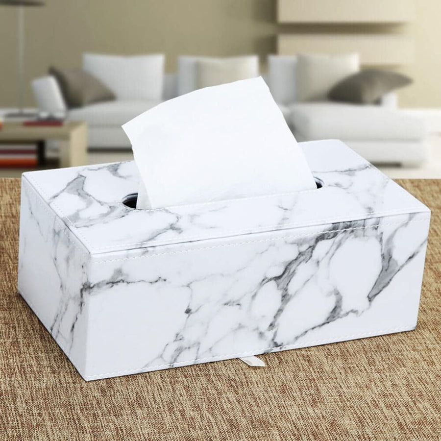 Leather Tissue Box Holder, Rectangular Cover with Lid for Home Office Car Tabletop, White 2