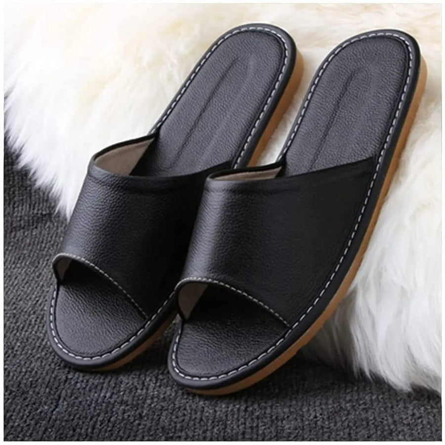Black Leather Open Toe Slippers, Non Slip Indoor House Sandals for Men Women, EUR41-42