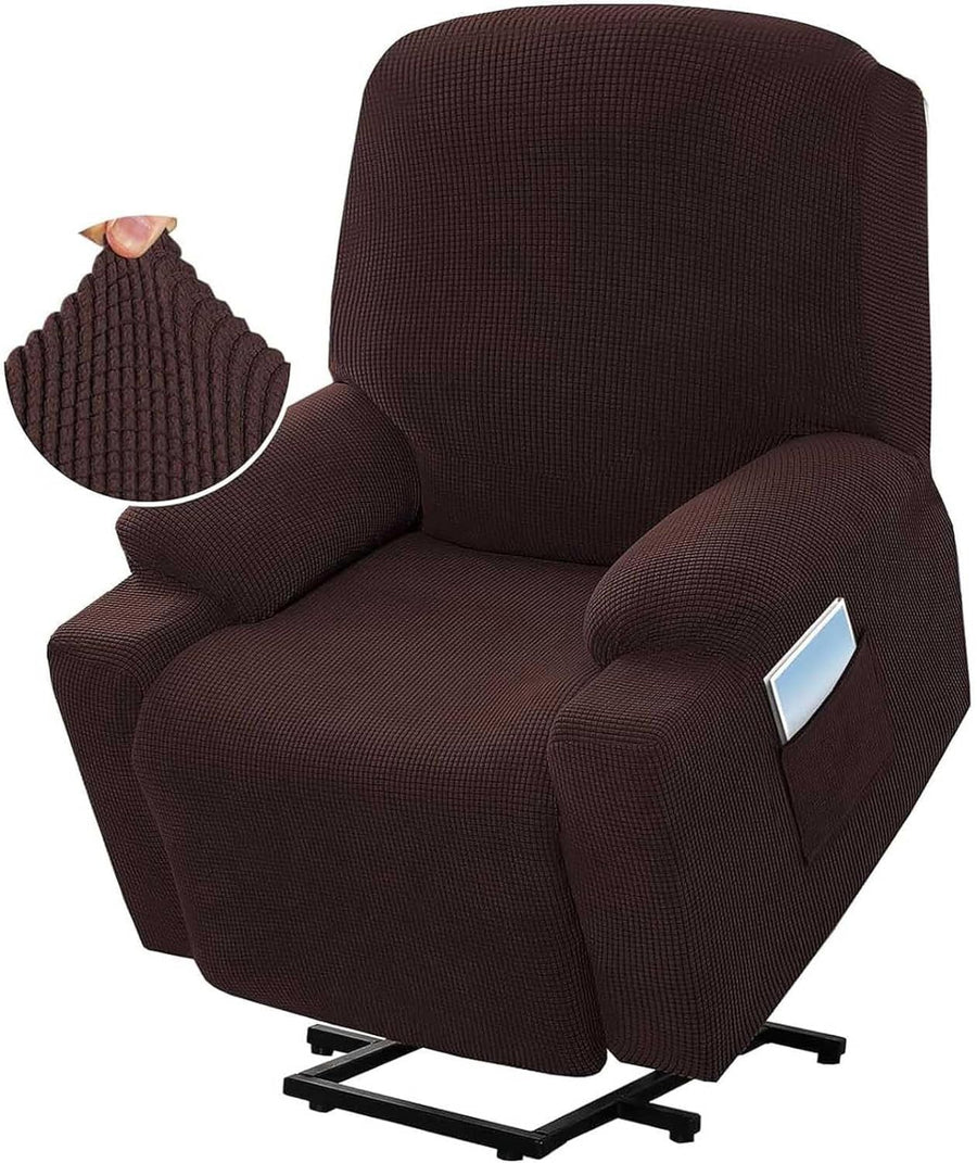 Power Lift Recliner Chair Cover, Stretch Jacquard Fitted Slipcover with Side Pocket, Brown
