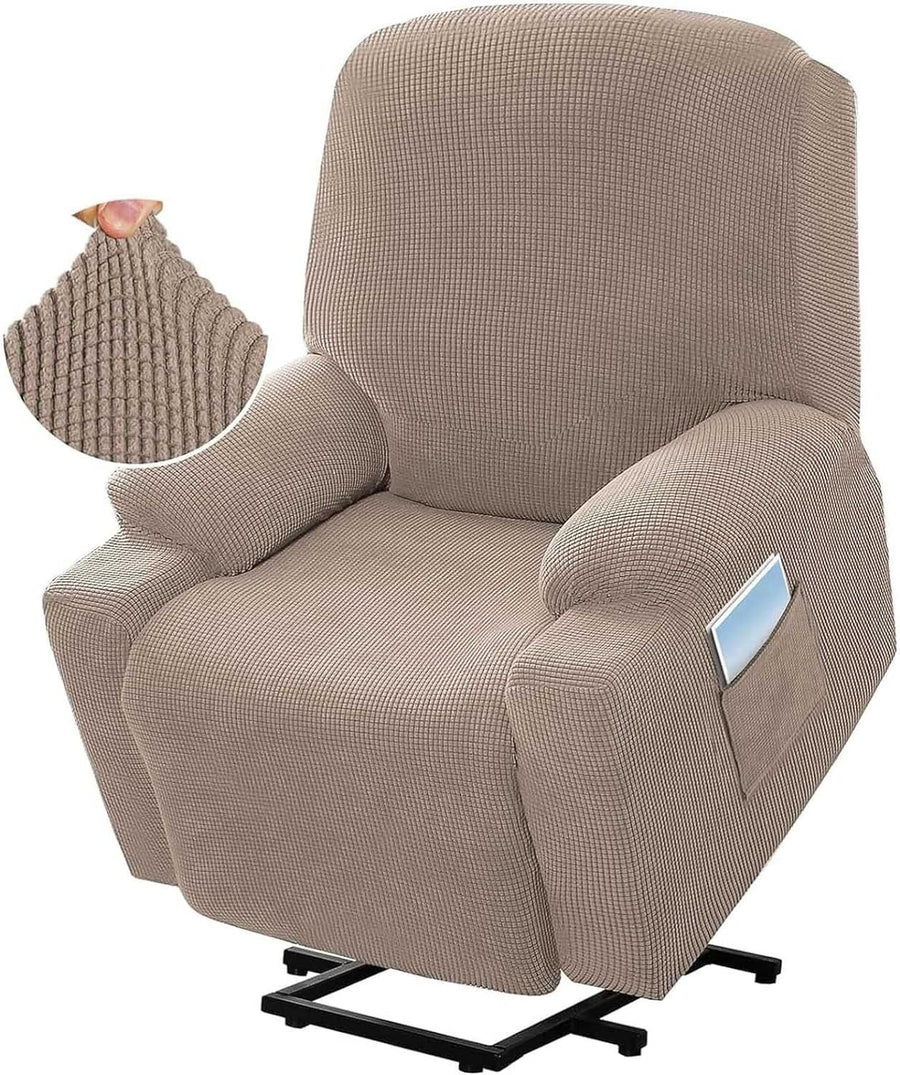 Power Lift Recliner Chair Cover, Stretch Jacquard Fitted Slipcover with Side Pocket, Beige