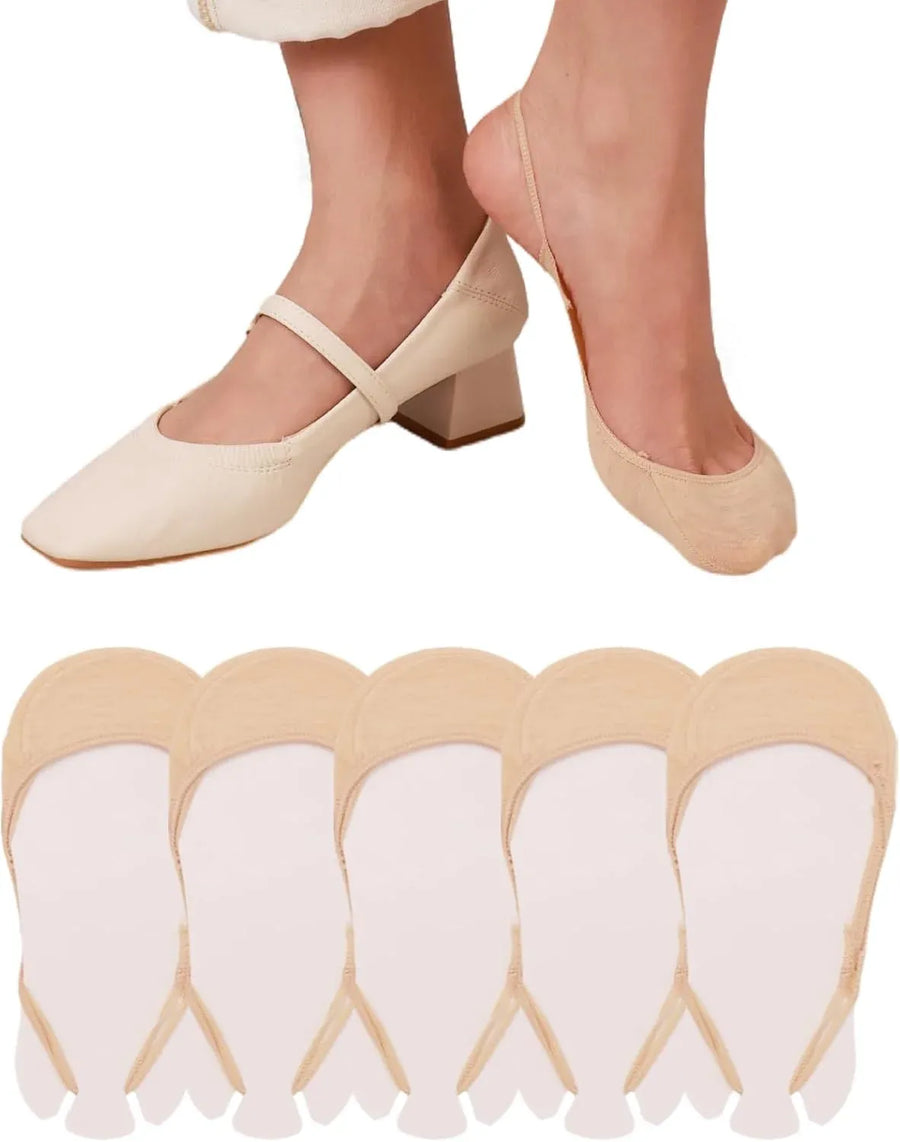 5 Pairs Women's No Show Half Socks, Grippers Heel Straps Low Cut Toe Toppers for Flats, Nude