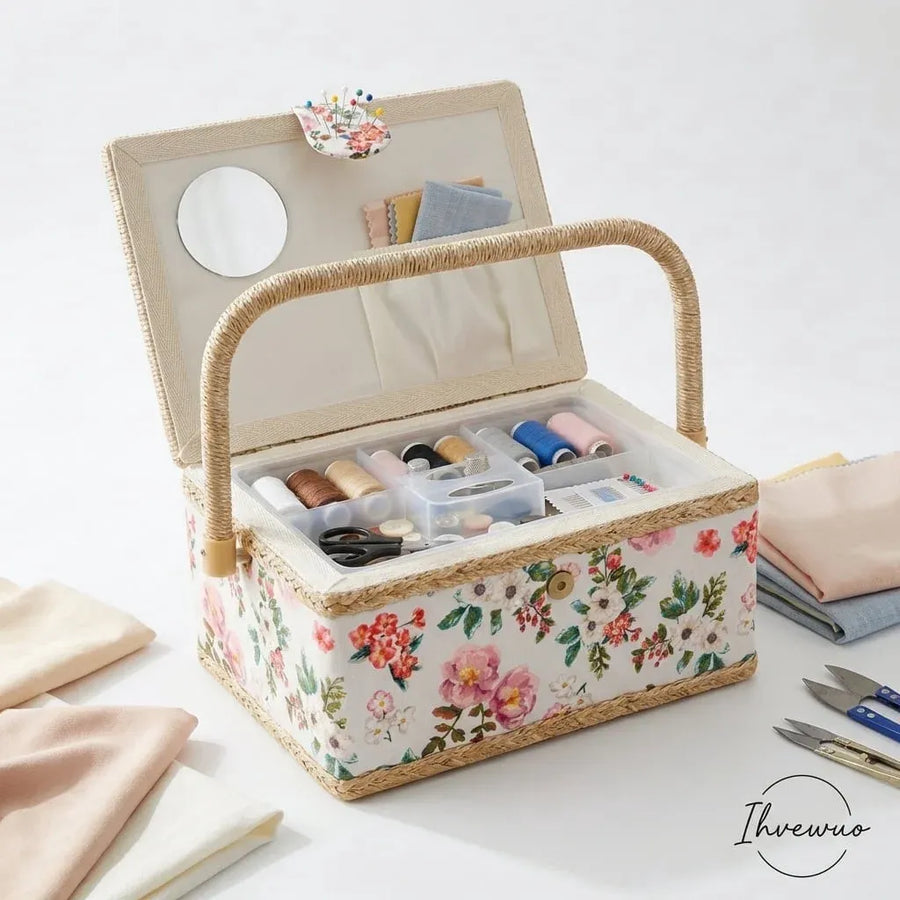 Sewing Basket with Removable Tray, Pin Cushion and Floral Fabric Organizer for Craft Supplies