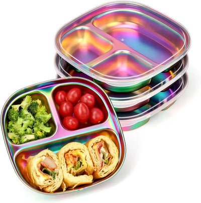 4 Pcs Stainless Steel Kids Plates, 304 Divided Toddler Plates with Lids, Rainbow Color