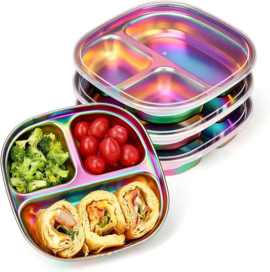4 Pcs Stainless Steel Kids Plates, 304 Divided Toddler Plates with Lids, Rainbow Color