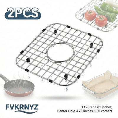 2 Pack 304 Stainless Steel Sink Bottom Grids, Kitchen Sink Protectors with Rubber Feet, 13.78 x 11.81 In