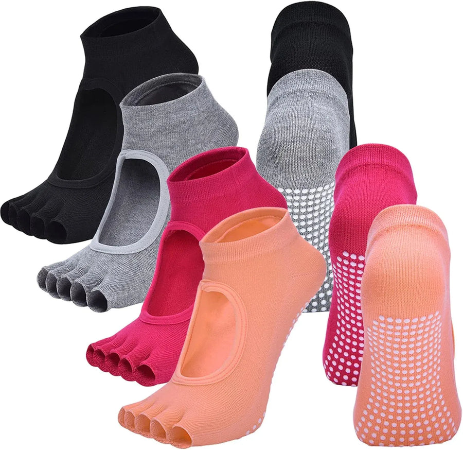 4 Pairs Women's Toeless Yoga Socks, Cotton Non Slip Grip 5 Toe Socks for Pilates Barre, One Size