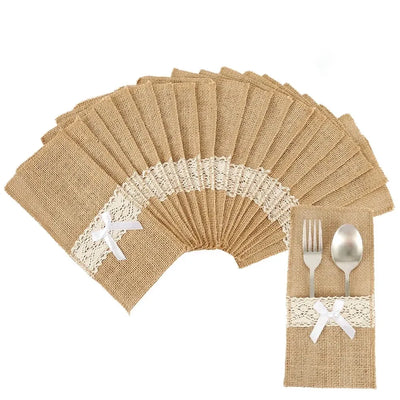 20 Pack Burlap Cutlery Holders, Jute Utensil Pouches with White Lace for Wedding Table