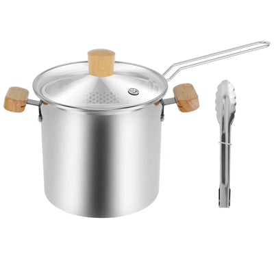 Stainless Steel Deep Fryer Pot, 4000ml Tempura Pot with Strainer Basket Wood Handles for Fried Food