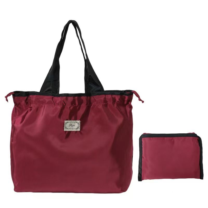 Foldable Reusable Grocery Tote Bag, Drawstring Shoulder Handbag, Lightweight Travel Storage Bag for Supermarket Shopping, Outdoor & Daily Use(Wine red)