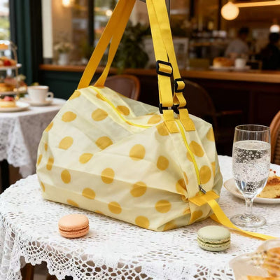 Multi-layer Accordion Foldable Shopping Tote Bag, 50*35CM Large Capacity Polyester Grocery Bag, Travel Storage Organizer Bag for Supermarket Daily Use(Yellow Polka Dots)