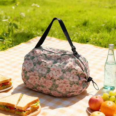 Multi-layer Accordion Foldable Shopping Tote Bag, 50*35CM Large Capacity Polyester Grocery Bag, Travel Storage Organizer Bag for Supermarket Daily Use(Pink Peach Blossoms)