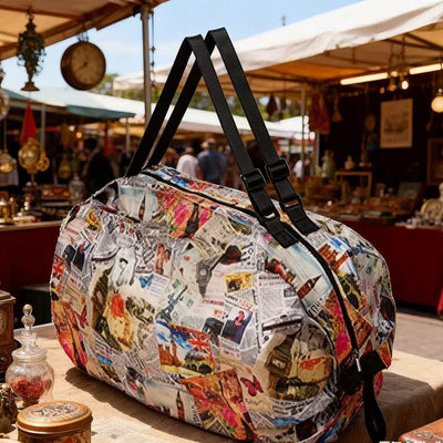 Multi-layer Accordion Foldable Shopping Tote Bag, 50*35CM Large Capacity Polyester Grocery Bag, Travel Storage Organizer Bag for Supermarket Daily Use(Colorful Newspaper Print)