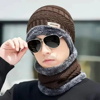 Winter Knitted Wool Ski Mask Neck Warmer Cap and Bib Set, 2-in-1 Cold Weather Accessory with Stretchy One Size Fits Most for Unisex Outdoor Sports