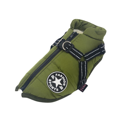 Army Green Winter Waterproof Dog Jacket with Built-in Harness, Warm Padded Cotton Vest for Small and Medium Breeds, Size S with Reflective Safety Strips