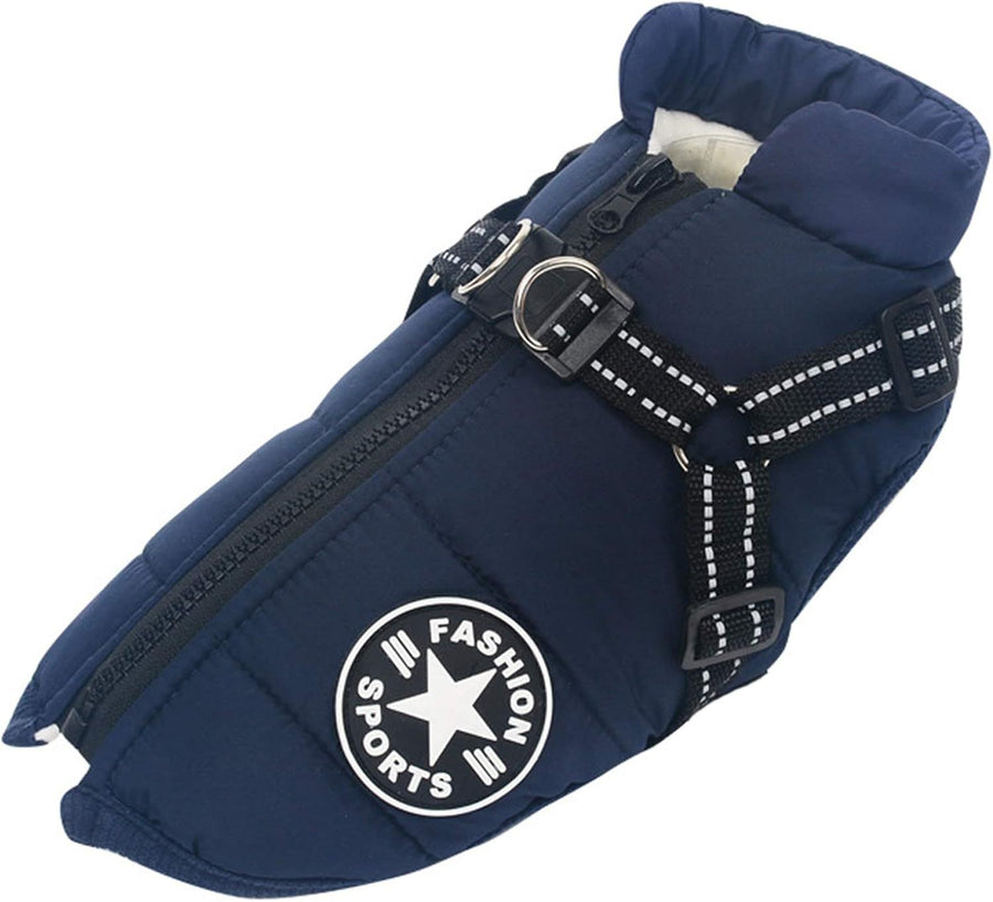Navy Blue Winter Waterproof Dog Jacket with Integrated Harness, Windproof Warm Coat with Reflective Trim, Size XL for Large Dogs with Adjustable Collar