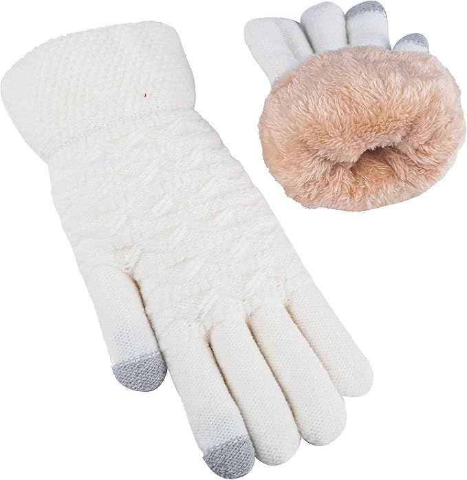 White Thermal Knitted Wool Touchscreen Mittens for Women with Fleece Lining, Thumb and Index Finger Compatibility for Smartphone and Tablet Use in Winter