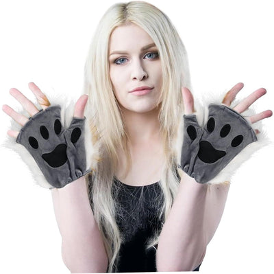 Black Grey Half Finger Cat Paw Therian Gloves for Adults Kids Cosplay, Embroidered Realistic Faux Fur Paws with Soft Texture, Perfect for Stage and Theme Parties