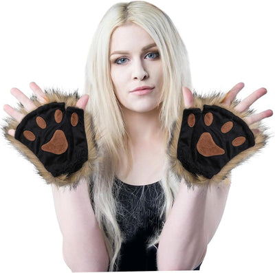 Black Half Finger Cat Paw Therian Gloves for Adults and Kids Cosplay, Realistic Embroidered Faux Fur Paws with Soft Velvety Texture for Themed Parties and Stage