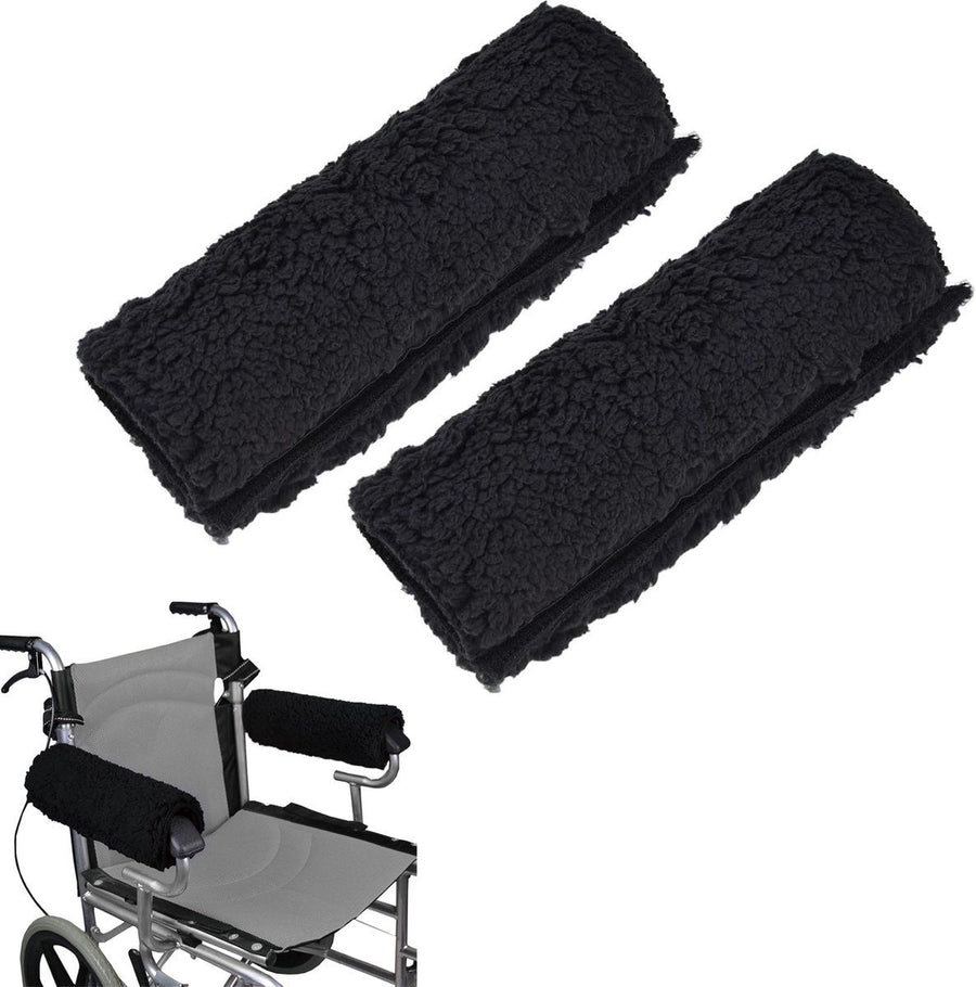 Black Memory Foam Wheelchair Armrest Cushion Covers 2 Pack, Synthetic Sheepskin Pressure Relief for Seniors Adults, Compatible with Standard Wheelchairs and Office Chairs