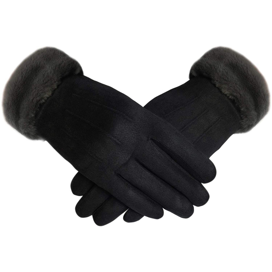 Women's Elegant Faux Suede Winter Gloves with Cozy Fleece Lining and Faux Fur Cuff, Touchscreen Compatible Right Index Finger, Available in 9 Attractive Colors