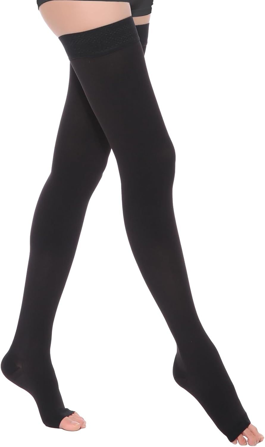 Thigh High Compression Socks for Women Men 23-32 mmHg Open Toe, Level 2 Support for Varicose Veins Edema, Breathable Cotton Spandex with Silicone Dotted Bands