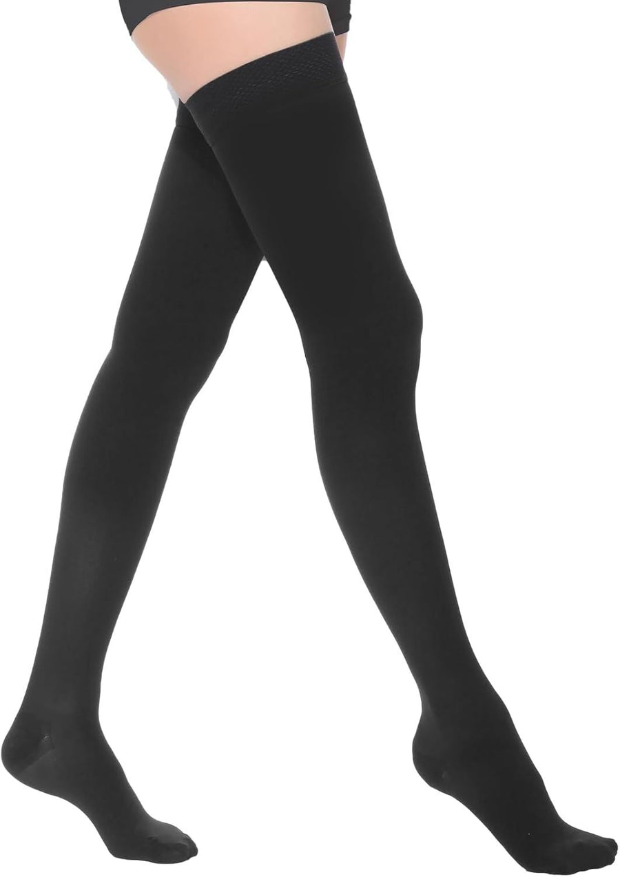Thigh High Compression Stockings for Women Men 23-32 mmHg Closed Toe, Level 2 Support for Varicose Veins Edema, Breathable Cotton Spandex with Silicone Dotted Bands