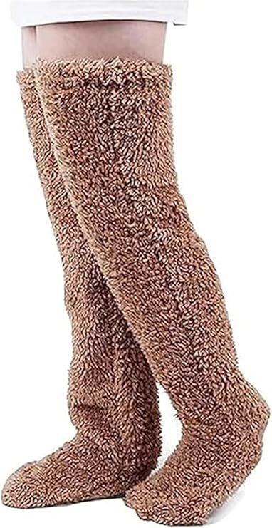 Brown Over Knee High Fuzzy Plush Teddy Slipper Socks for Women, Open Toe Non-Slip Design, Extra Long 55 cm for Warmth Indoors and Outdoors