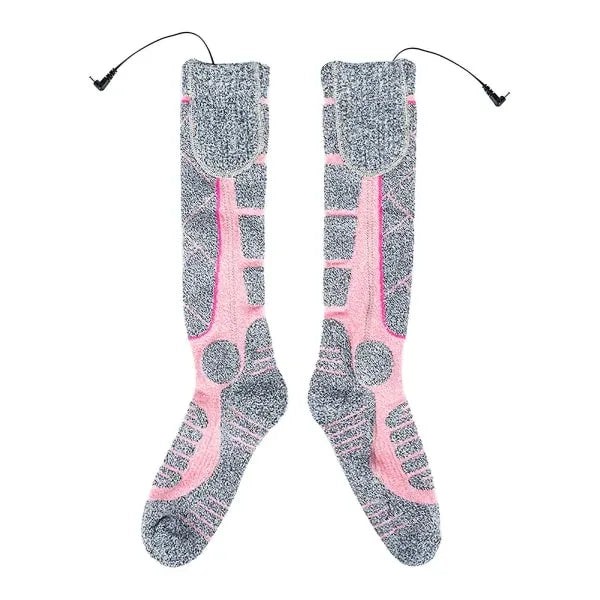 Pink USB Rechargeable Electric Heated Socks for Winter Skiing, Full Foot Heating with Carbon Fiber Wire, Machine Washable with Battery Pocket for Cold Weather