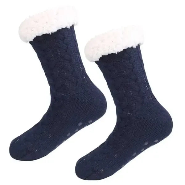 Blue Furry Warm Knitted Slipper Socks with Non-Slip Sole, Ultra-Soft Fleece Lining Cable Knit Design, One Size Fits Most EU 35-43 for Home and Office Use