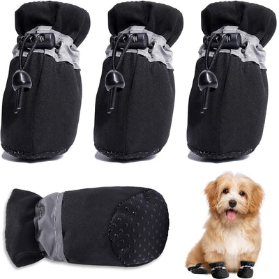 Black Dog Boots Paw Protectors with Reflective Straps, Non-Slip Nylon Cotton Shoes 4 Pieces for Small Medium Dogs, Adjustable Sizes 4-7 for Outdoor Walking