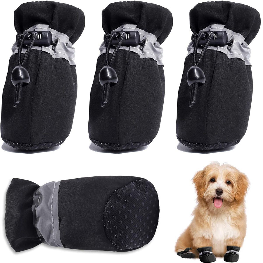 Black Dog Boots Paw Protectors with Reflective Straps, Non-Slip Nylon Cotton Shoes 4 Pieces for Small Medium Dogs, Adjustable Sizes 4-7 for Outdoor Walking