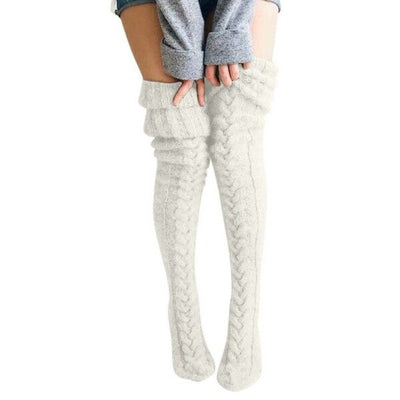 White Warm Knitted Knee High and Thigh High Socks, Super Soft Wool Blend 75 cm Length, Machine Washable Perfect for Autumn Winter with Skirts and Dresses