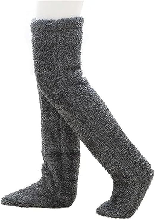 Navy Grey Over Knee High Fuzzy Plush Teddy Slipper Socks for Women, Open Toe Non-Slip Extra Long 55 cm for Warmth Indoors Outdoors, Perfect Gift for Christmas