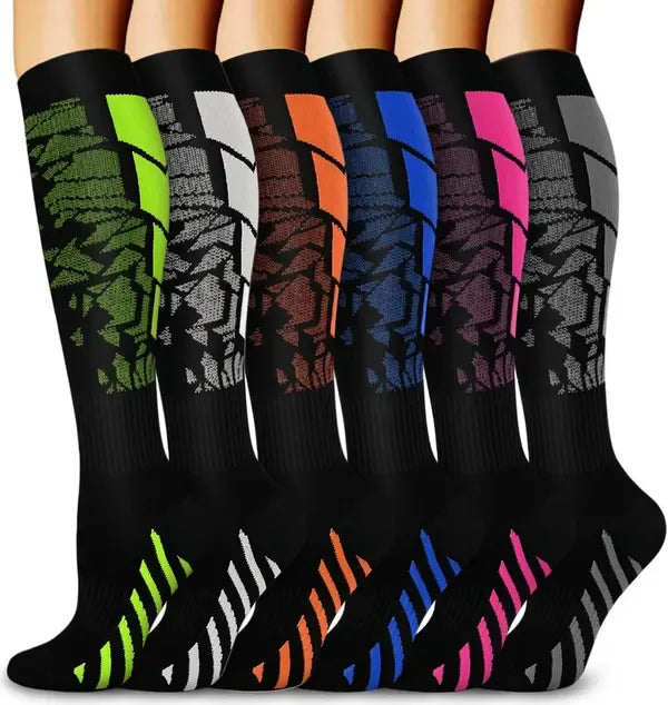 Unisex Knee-High Compression Socks 6 Pairs for Running Sports Travel Flying Cycling, 360-Degree Stretch Breathable S/M with Upgraded Nylon for Muscle Support