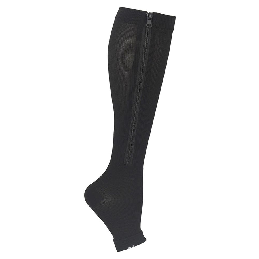 Black Zipper Compression Sports Socks 1 Pair, Elastic Ven Design for Running Football, Graduated Compression with Side Zipper for Easy On-Off and Muscle Support