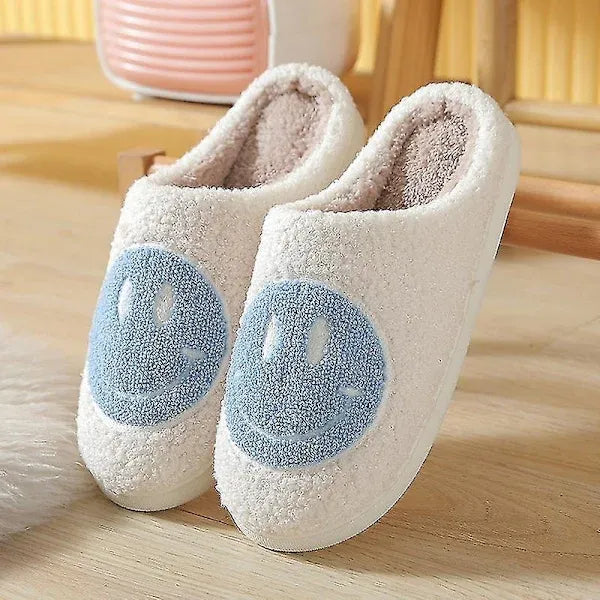 Blue Smiley Face Slippers for Women, Cute Emoji Design with Non-Slip TPR Rubber Sole, Soft Faux Fur Thick Fleece Lining for Warmth Size 38-39