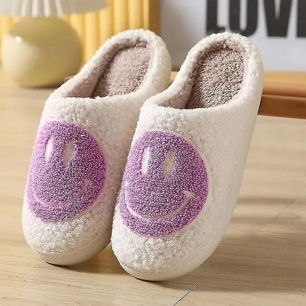 Purple Smiley Face Slippers for Women, Cute Emoji Design with Non-Slip TPR Rubber Sole, Soft Faux Fur Thick Fleece Lining for Cozy Warmth Size 42-43
