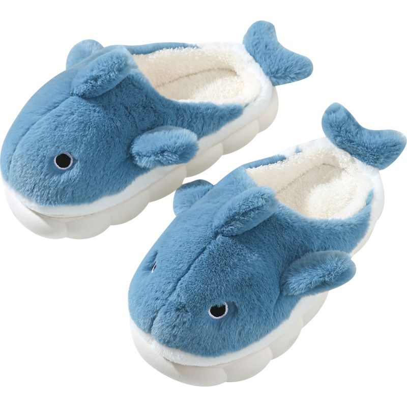 Blue Cartoon Shark Plush Slippers for Men Women, Winter Indoor Warm Cotton Slippers with Soft Comfortable Thick Soles, Non-Slip Durable PVC Size 42-43
